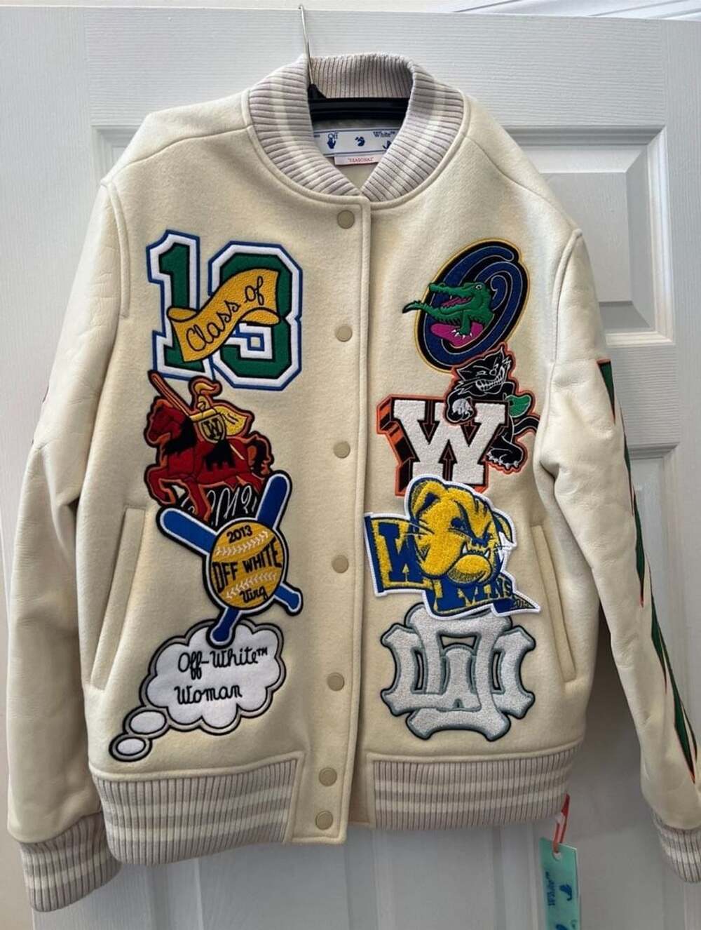 Off-White Appliquéd Virgin Wool Blend Varsity Jacket Size US 8